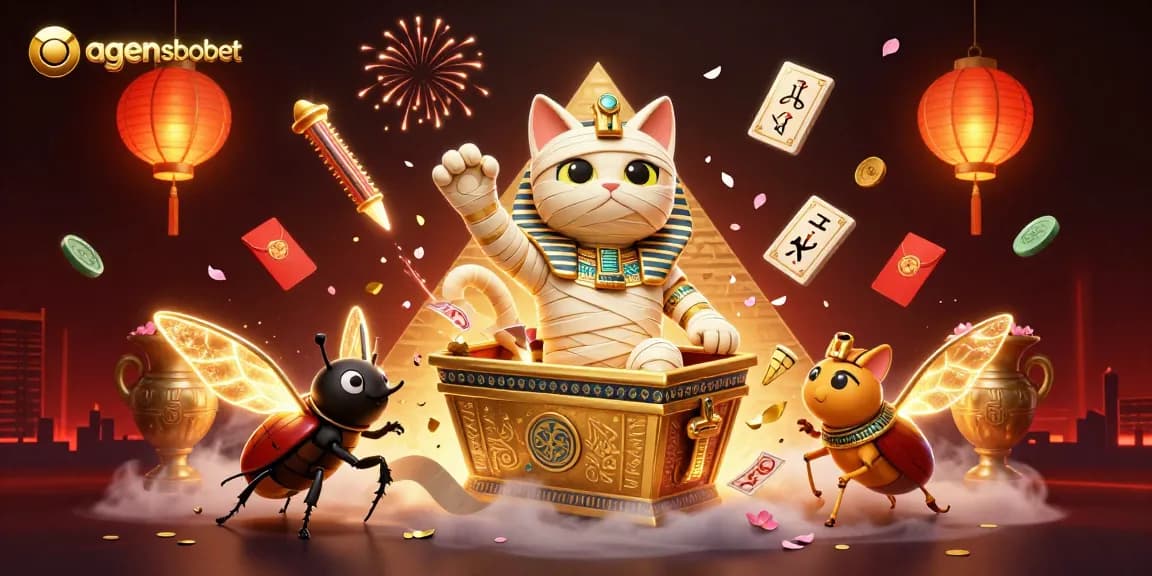 Experience the thrill of agen sbobet with a dynamic 3D scene featuring a mummy cat and vibrant gambling elements.