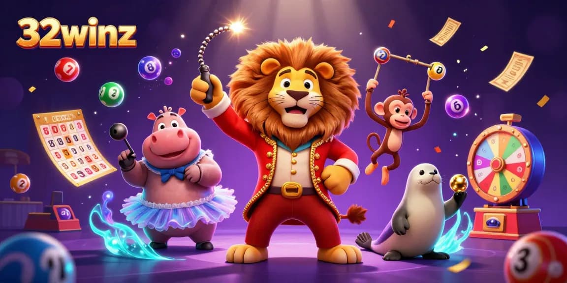 Play exciting games at 32winz with vibrant lottery balls and engaging casino characters.