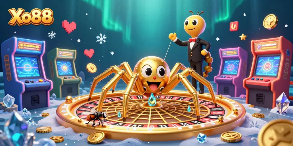 Xo88 offers dynamic gaming with a golden spider and a centipede croupier in an imaginative casino setting.