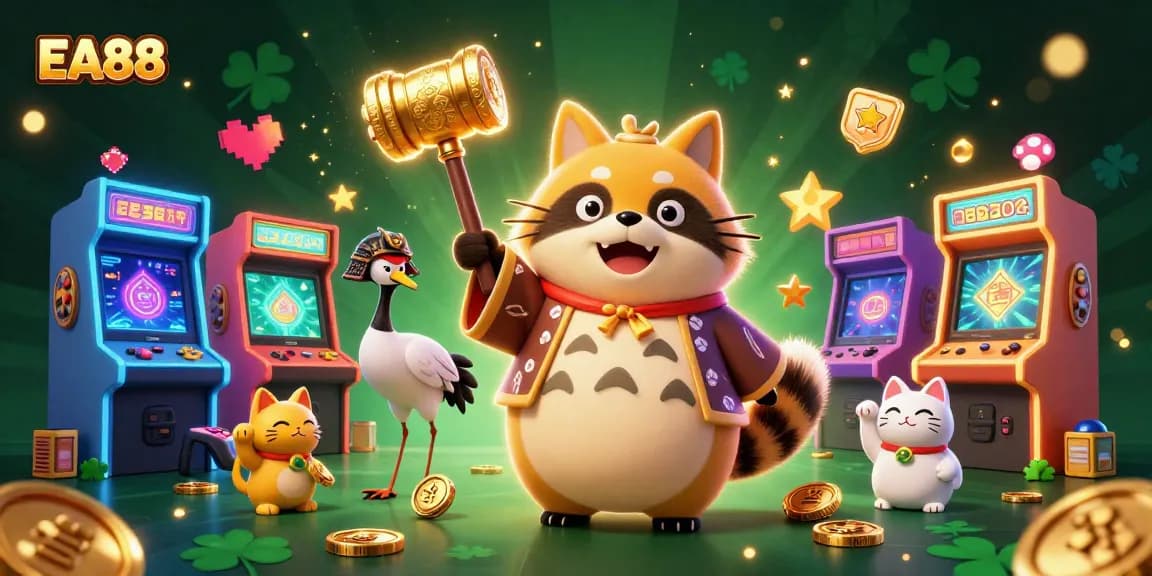 Experience thrilling gameplay at EA88, featuring a tanuki and samurai crane amidst gaming elements.