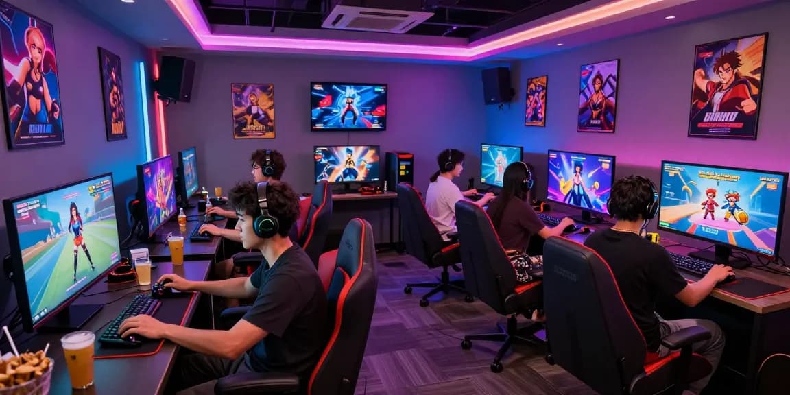 Engaged players enjoying diverse porngames in a vibrant gaming setup at Lewdspot.