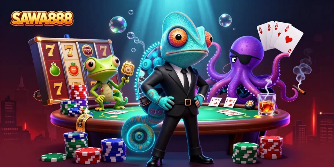 SAWA888 slots experience with a colorful array of slot reels and characters creating excitement.