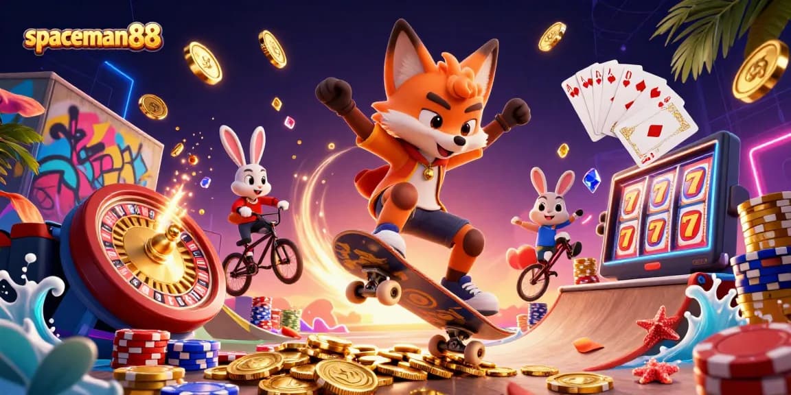 Experience the excitement of spaceman88 with vibrant casino symbols and 3D characters in action.