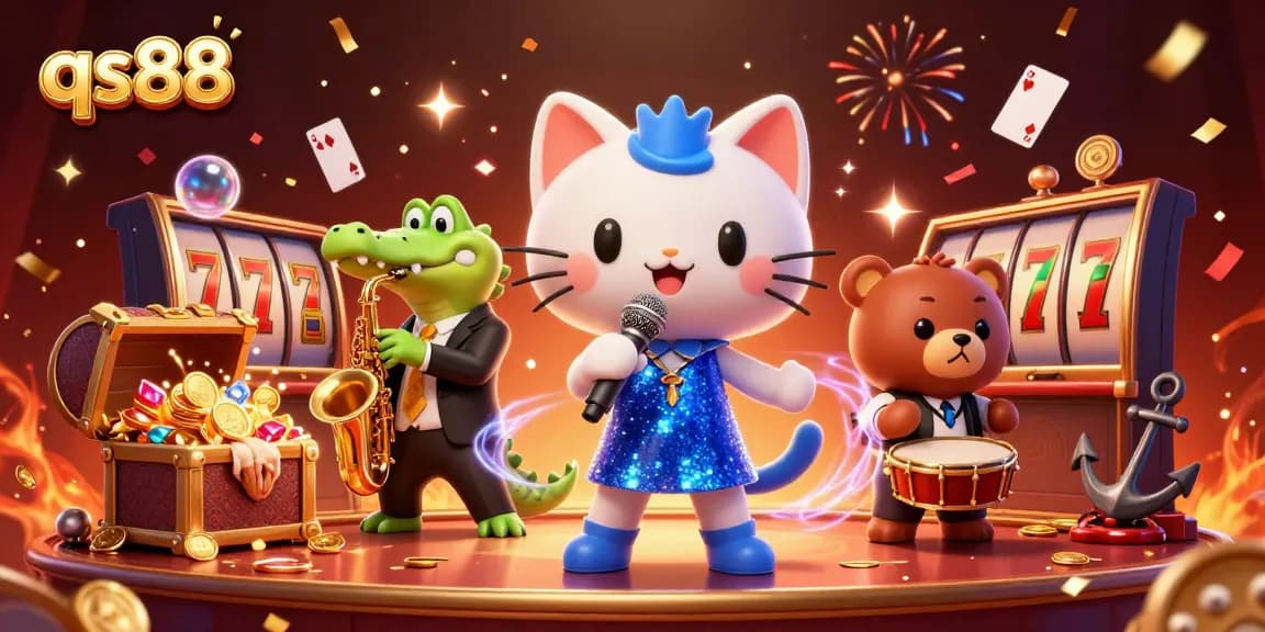 qs88 offers thrilling gaming experiences with vibrant scenes of a singing cat and dynamic casino elements.