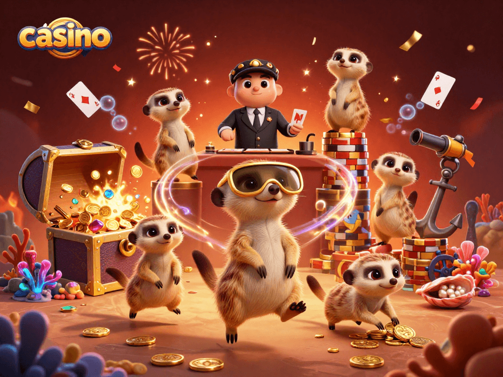 Meerkats run a vibrant casino with floating playing cards and treasure chests, showcasing lively gambling action.