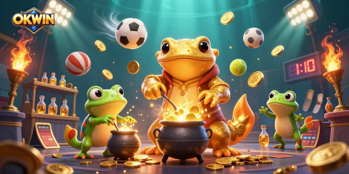 OKWIN showcases thrilling gameplay with a golden salamander alchemist and dynamic sports elements.