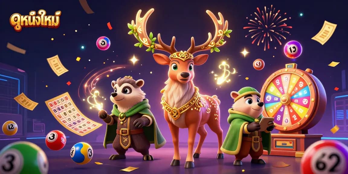 Engage in ดูหนังใหม่ activities with thrilling lottery elements and vibrant characters in an enchanting scene.