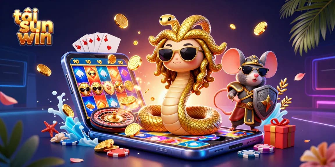 Win with tải sun win, showcasing a vibrant 3D casino scene filled with games and coins.