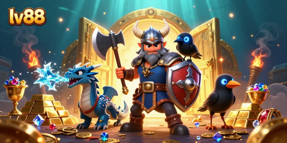 Experience thrilling gameplay at lv88 with a Viking warrior and dragon in an action-filled casino scene.