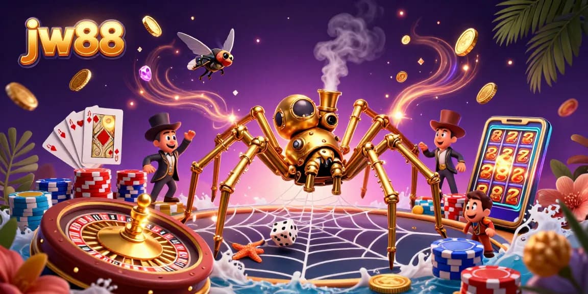 Experience the thrill of jw88 with a steampunk spider catching dice and spinning roulette.