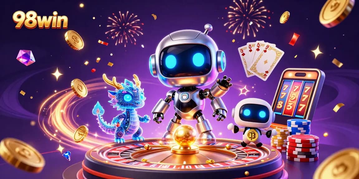 Win big with 98win as our robot and AI dragon navigate vibrant casino elements.