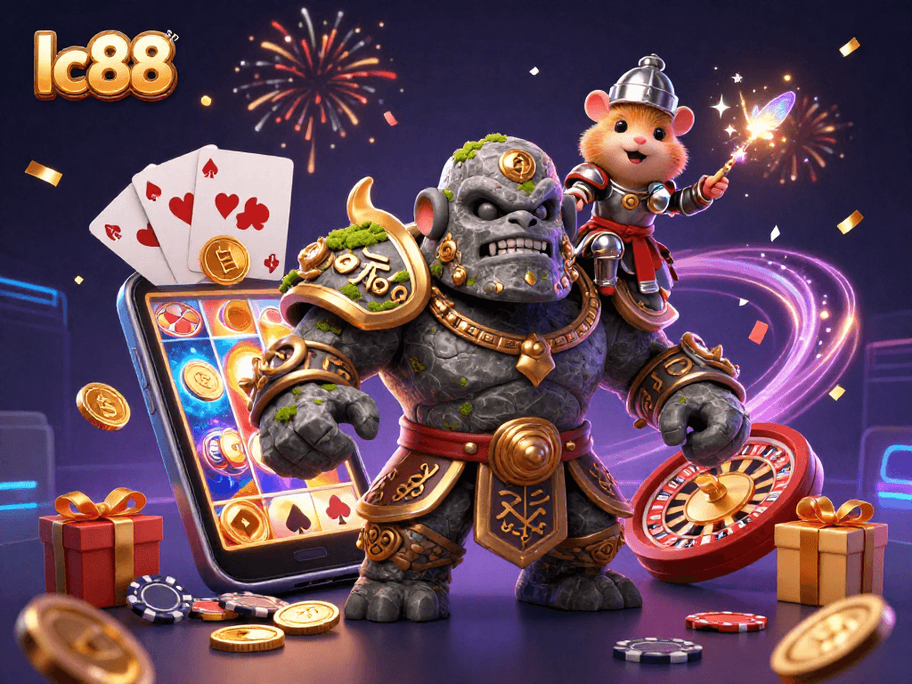 Engage with lc88's vibrant 3D illustration featuring a golem guardian, fairy, and hamster knight celebrating big wins at a casino.