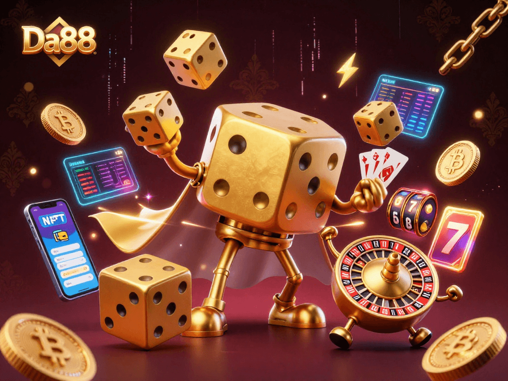 Experience thrilling gaming action with Da88’s vibrant 3D illustration featuring golden dice and crypto elements.