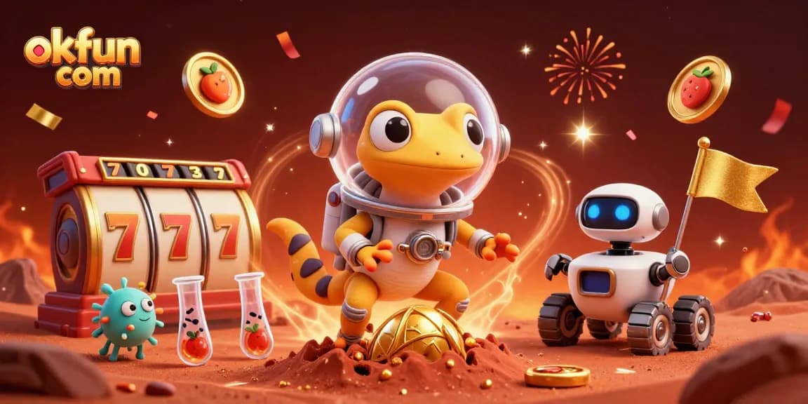 Engage in high-stakes gaming at okfun com with a vibrant Martian scene celebrating jackpots and fun.