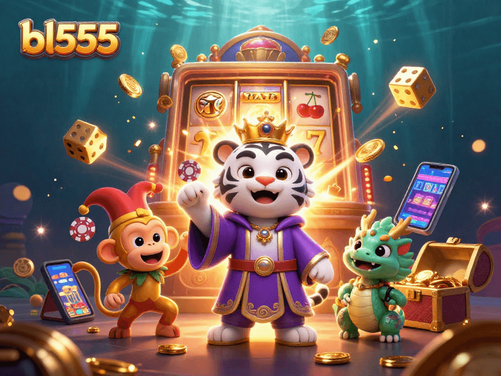 Experience thrilling gameplay at bl555 with a vibrant 3D casino scene featuring a white tiger and gold monkey.