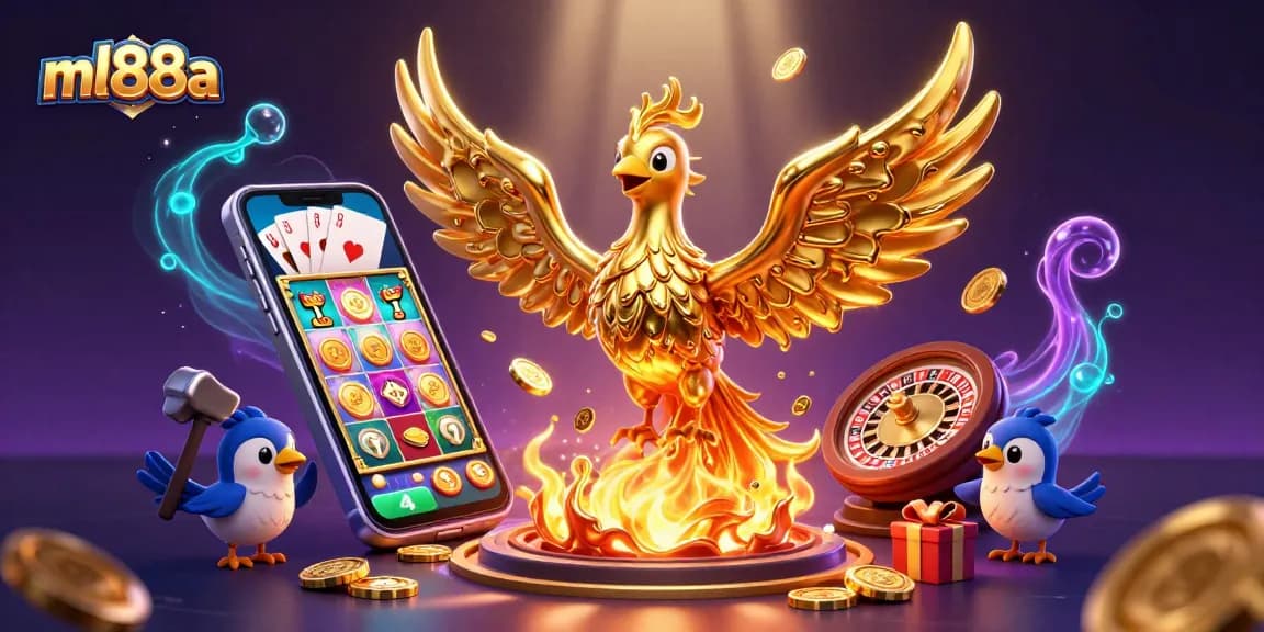 Experience the excitement of slots at ml88a with a dynamic illustration featuring gold coins and colorful games.