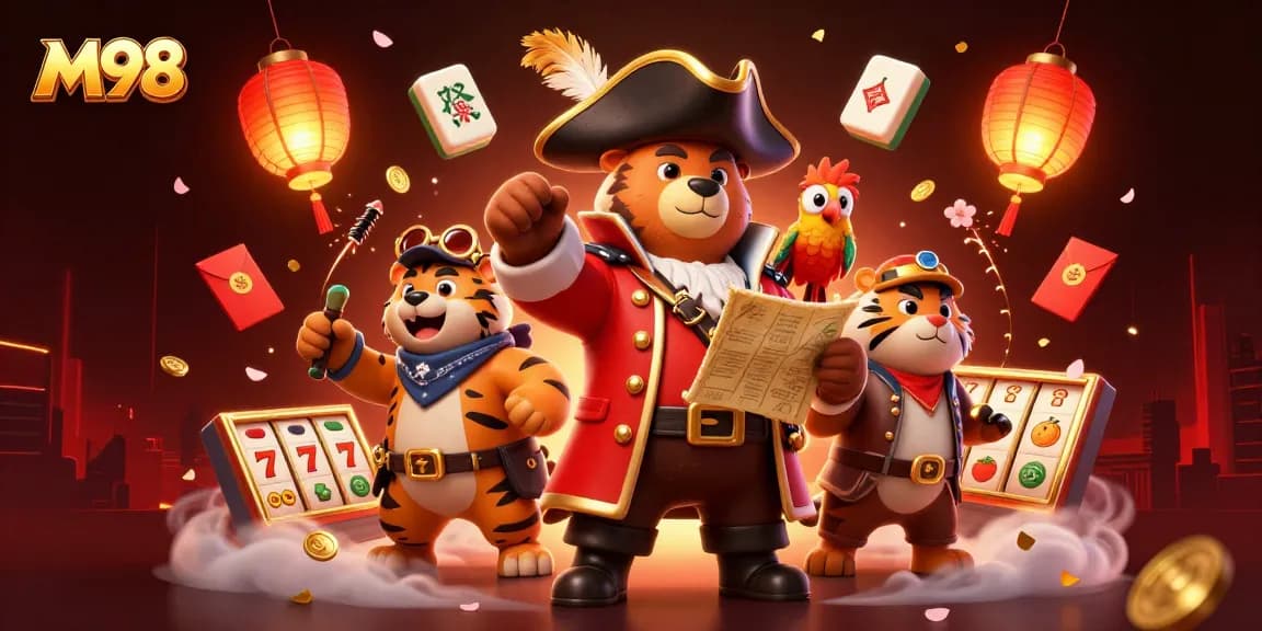 M98 engages players with a festive 3D scene of gaming characters, slot reels, and vibrant casino elements.