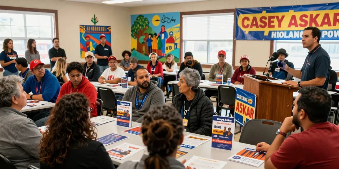 Casey Askar speaking passionately to diverse community voters at a political event.