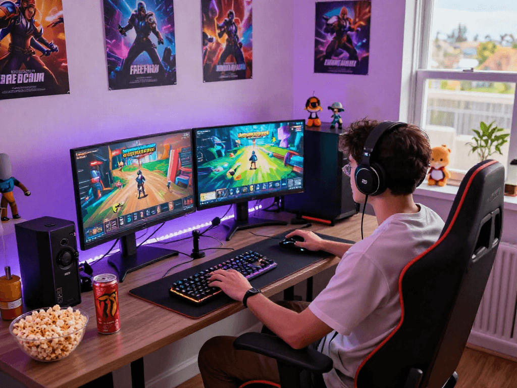 Gamer enjoying free porn games in a vibrant home setup with dual monitors, snacks, and ambient lighting.