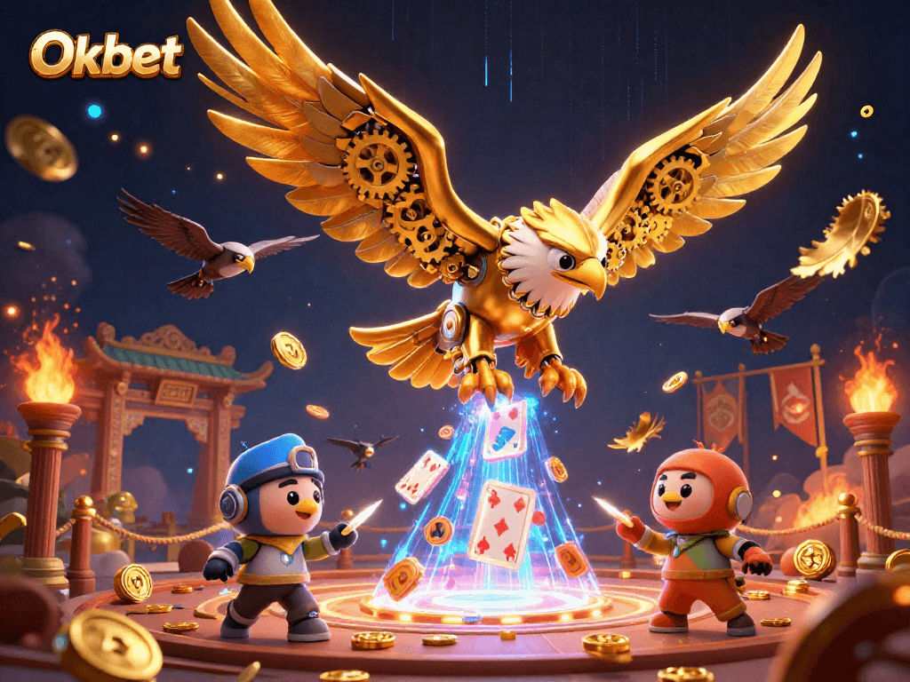 Engage with thrilling betting action at Oxbet with a cybernetic eagle amidst dazzling casino elements.