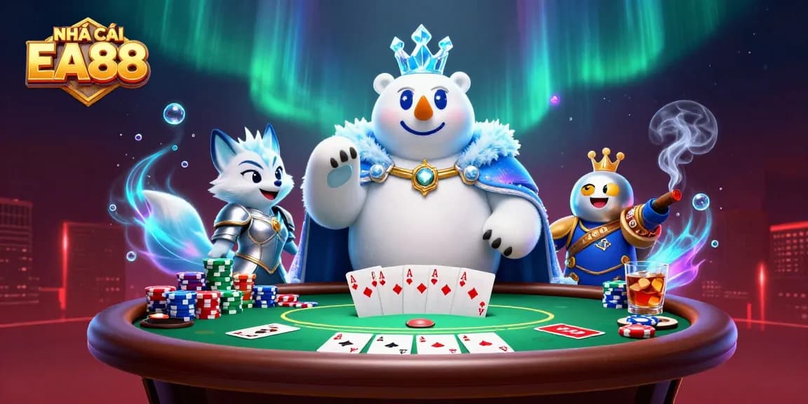 Experience the thrill of NHÀ CÁI EA88 with vivid polar bear and snow fox at a lively poker scene.