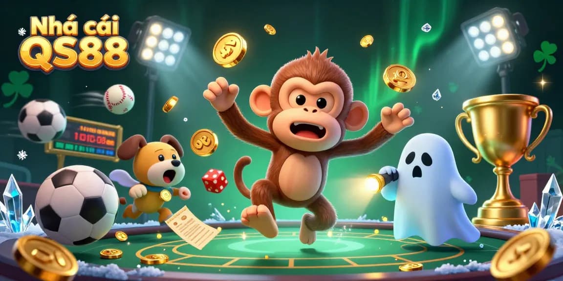 Experience thrilling gambling adventures at Nhà cái QS88 with engaging games in a cinematic casino illustration.