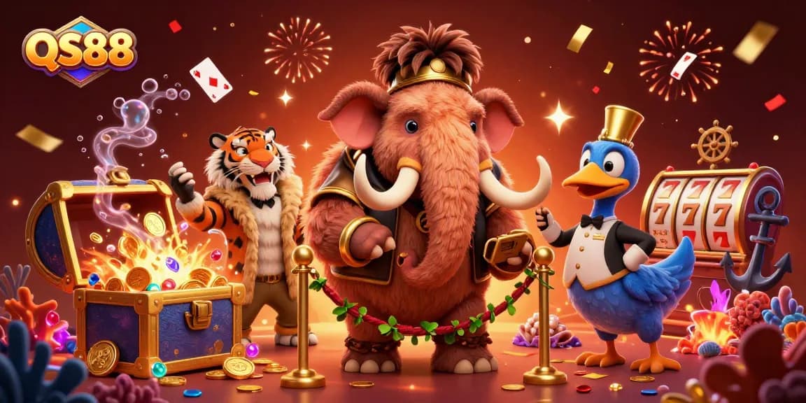Experience fun at QS88 with a vibrant 3D casino scene showcasing characters and game elements.