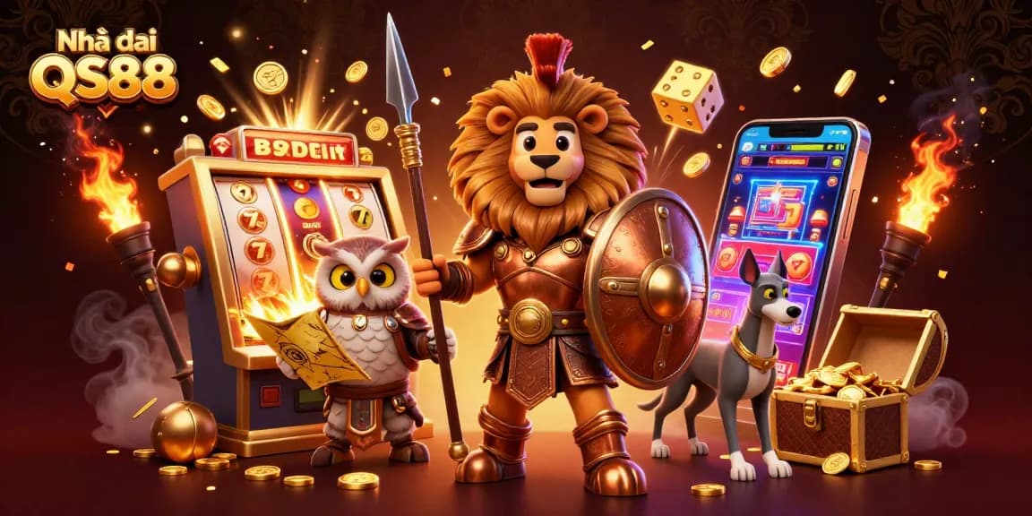 Experience the thrill at Nhà cái QS88 with vibrant 3D illustration of casino games and characters.