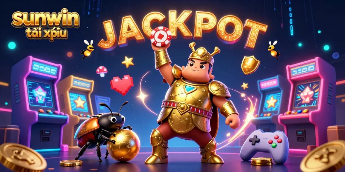 Experience the thrill of sunwin tài xỉu as a 3D cartoon beetle celebrates with poker chips and glowing game elements.