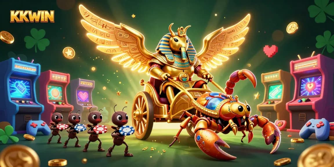 Engage with KKWIN's thrilling gaming experience featuring a majestic scarab beetle in a vibrant casino scene.