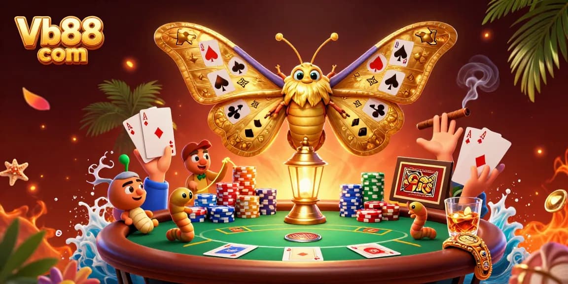 Engage with thrilling games at Vb88 com featuring a rich casino scene with a glamorous atlas moth and vibrant poker action.