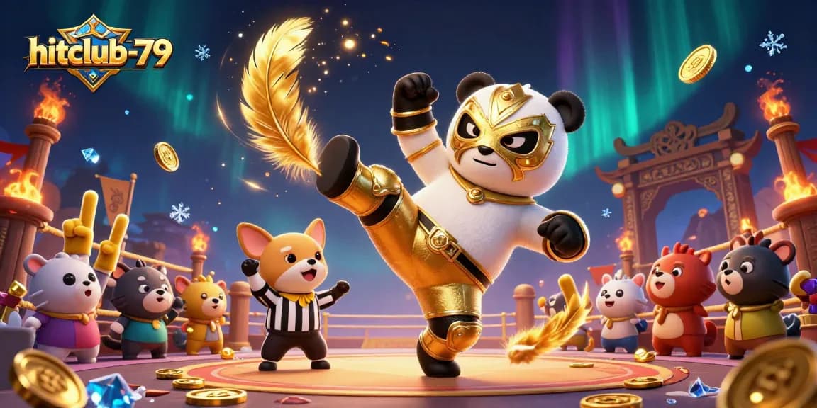 Engage in thrilling action at hitclub-79 with a panda wrestler kicking in an energetic gambling scene.