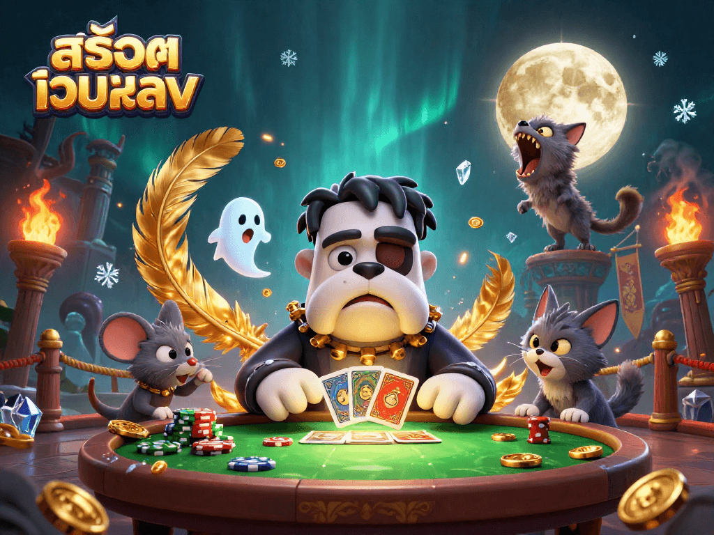 Engage with สล็อตเว็บตรง in a thrilling scene featuring a Frankenstein bulldog dealing cards, vibrant and animated details.