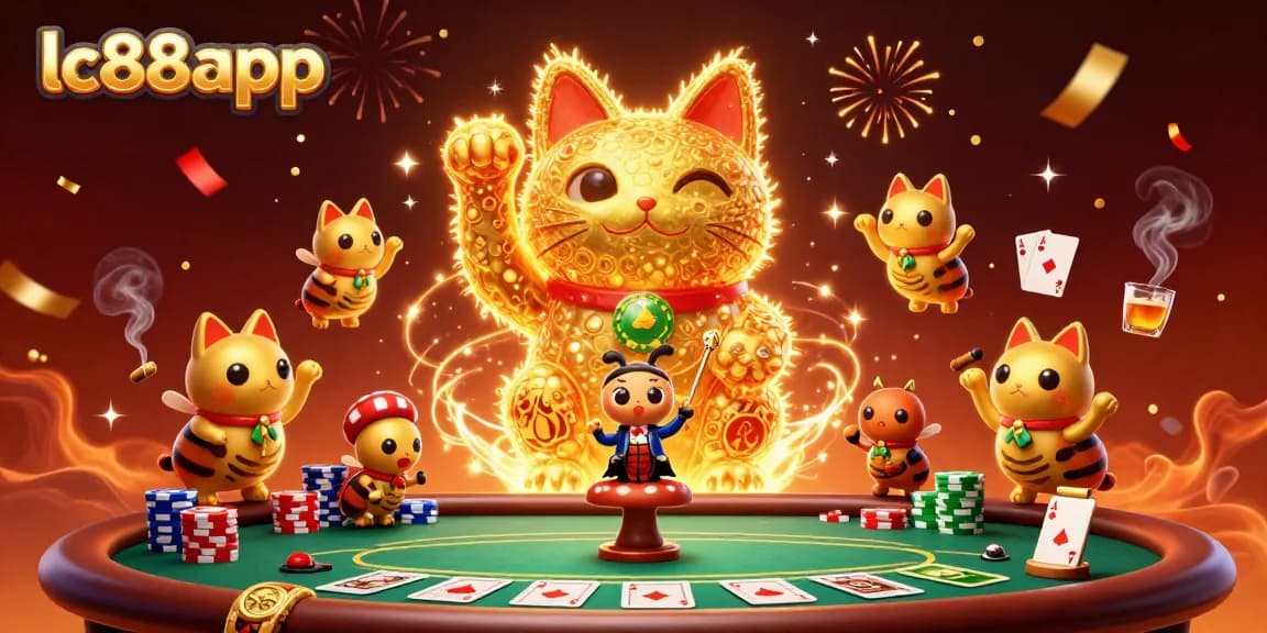 Play with lc88app's golden lucky cat amidst a vibrant casino scene filled with poker action.