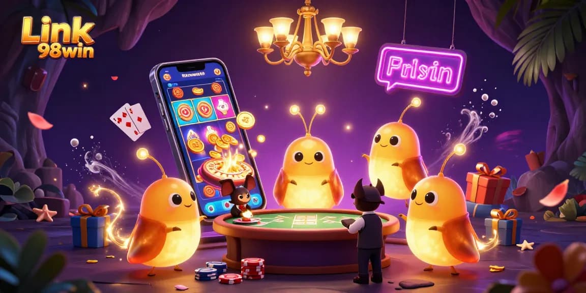Enjoy vibrant casino action with Link 98win in this dazzling 3D glowworm scene, showcasing casino games.