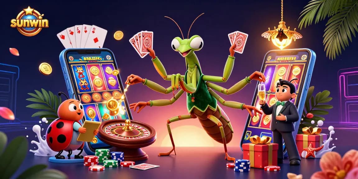 Experience sunwin excitement with a vibrant scene featuring a giant praying mantis, ladybug pit boss, and exhilarating casino elements.