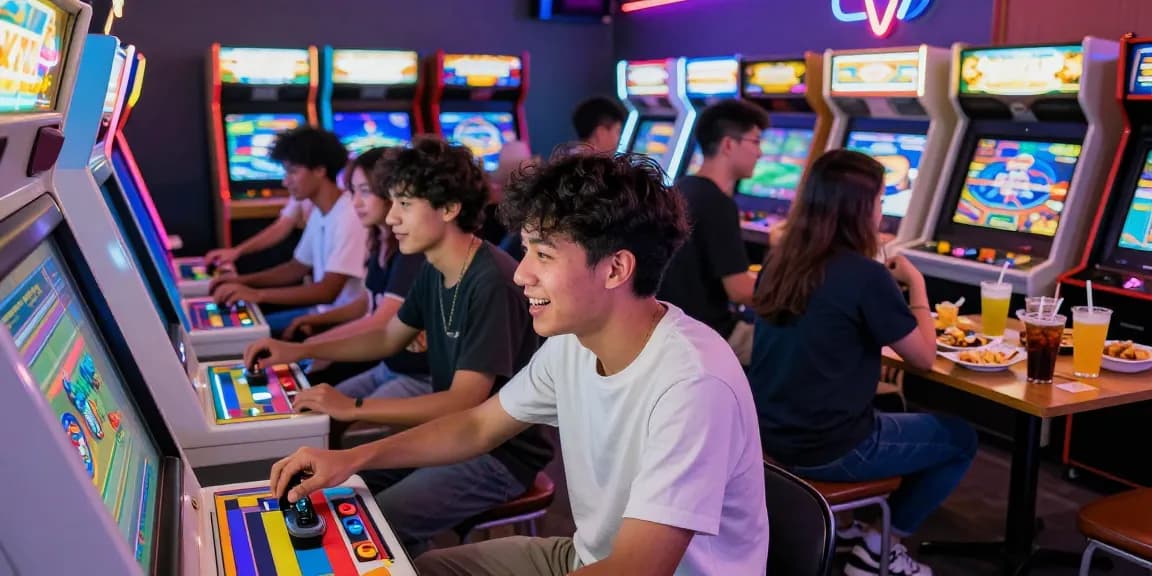 Friends enjoying xxx games in a vibrant arcade filled with neon lights and joy.