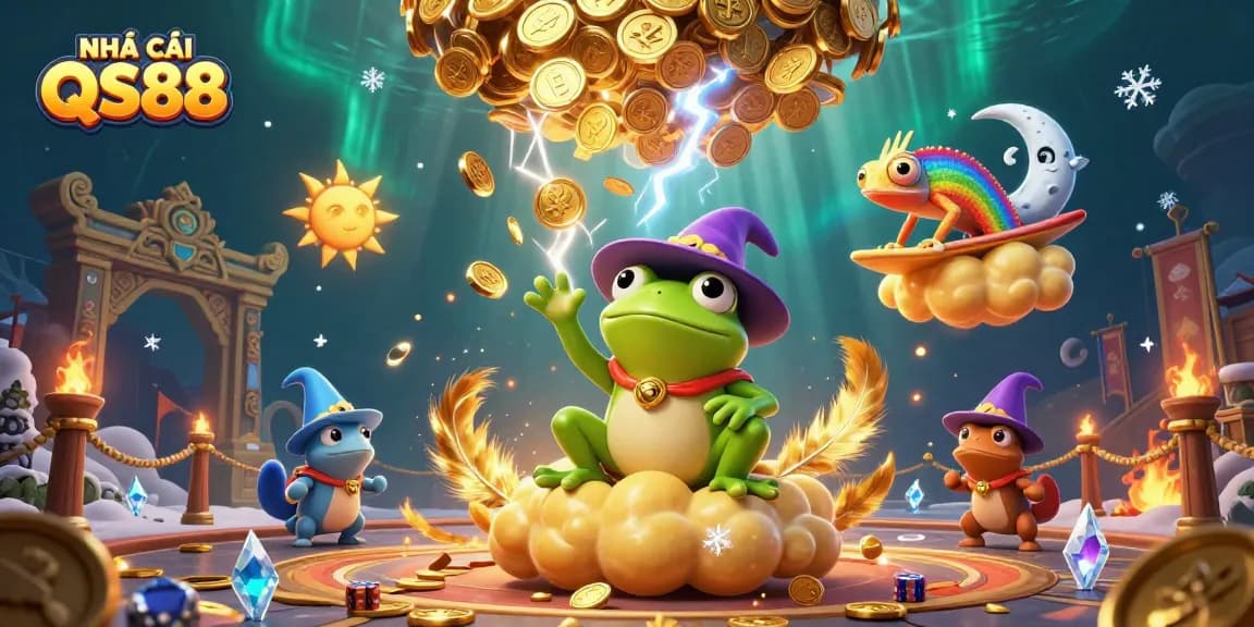 Win big with NHÀ CÁI QS88 in this vibrant 3D casino scene filled with excitement and golden treasures.