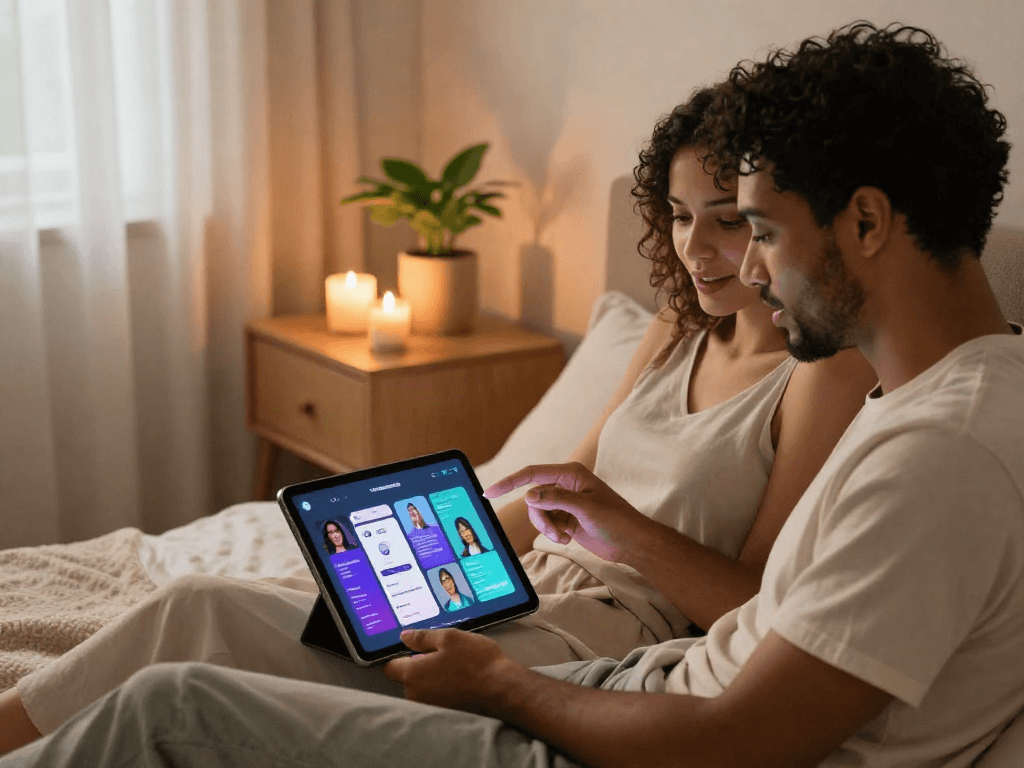 Couple exploring AI sex apps on tablet, relaxed bedroom atmosphere with romantic lighting.