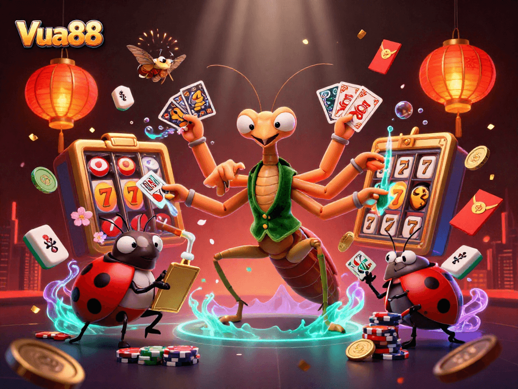 Experience the thrilling excitement of Vua88's cartoon casino with a praying mantis card sharp and vibrant gaming elements.