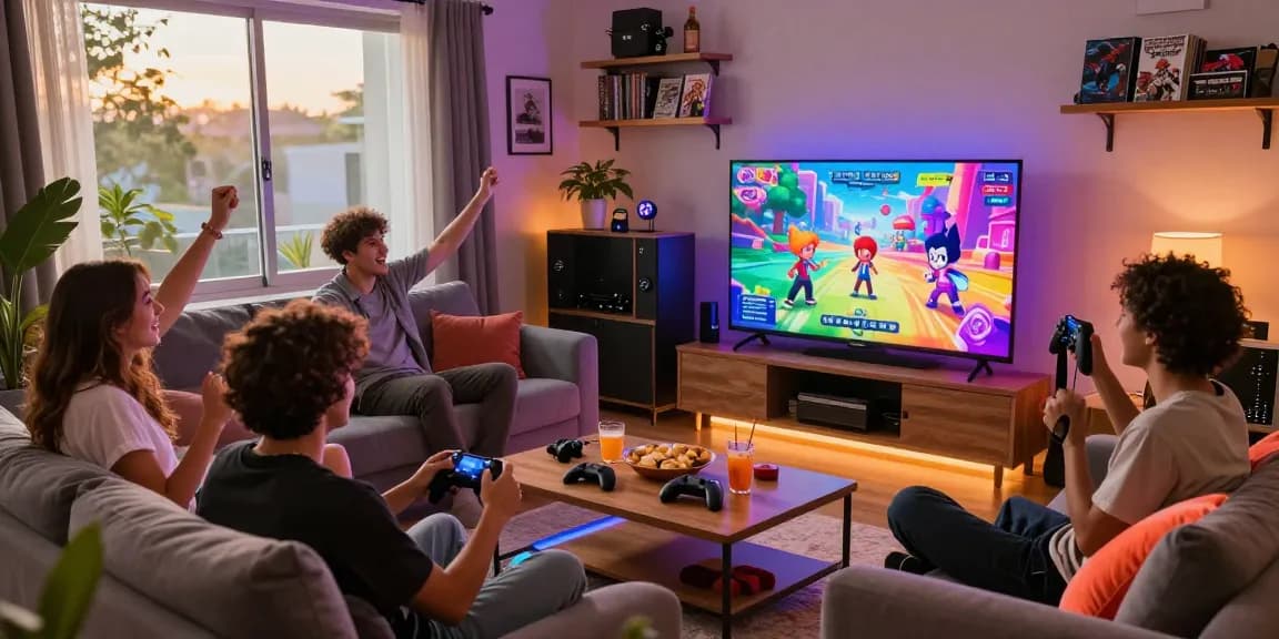 Friends enjoying an ecchi game online in a vibrant living room setting.