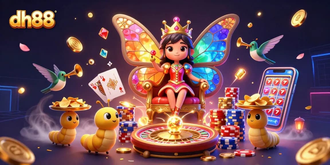 dh88 invites players to explore vibrant casino adventures with a cartoon butterfly queen, chips, and sparkling gems.
