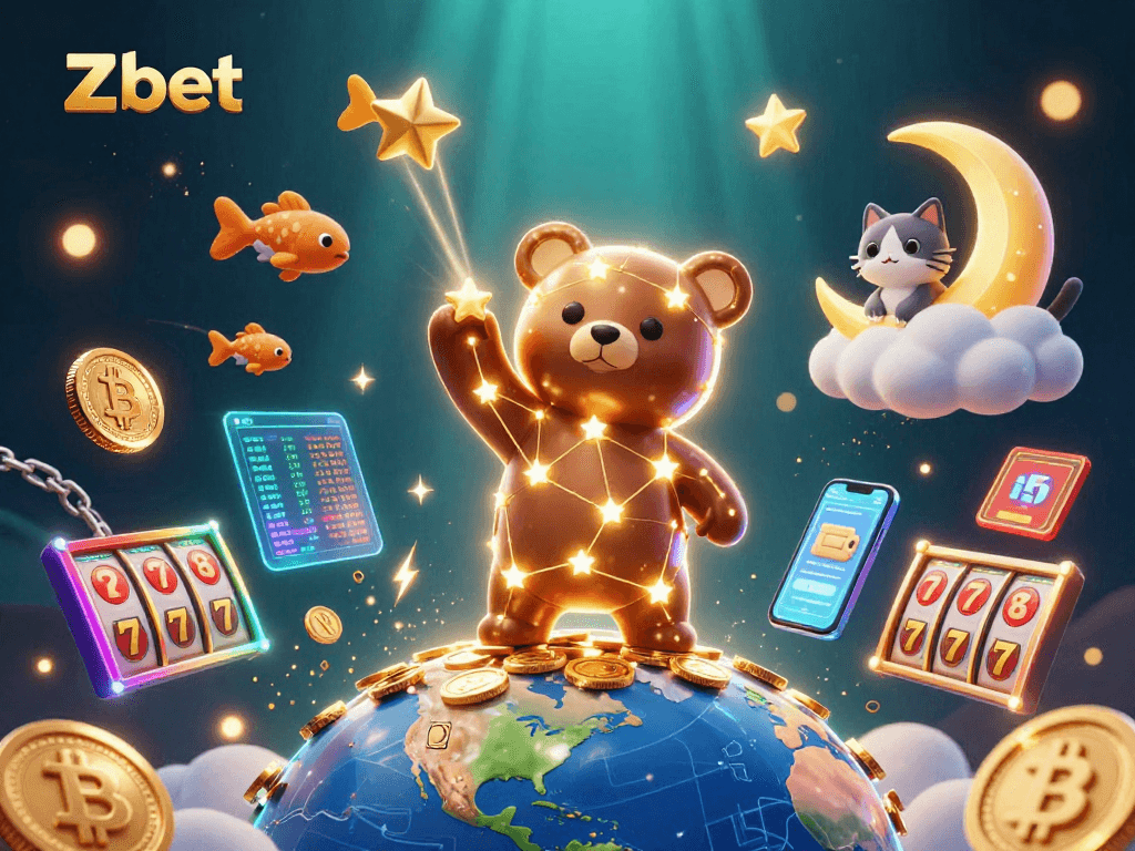 Zbet enhances your gaming experience with neon-edged crypto coins and vibrant casino elements in a dynamic 3D scene.