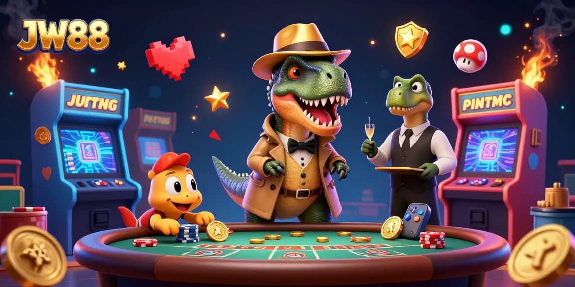 Experience thrilling action at JW88 casino with a velociraptor card counter and stegosaurus pit boss at a lively blackjack scene.