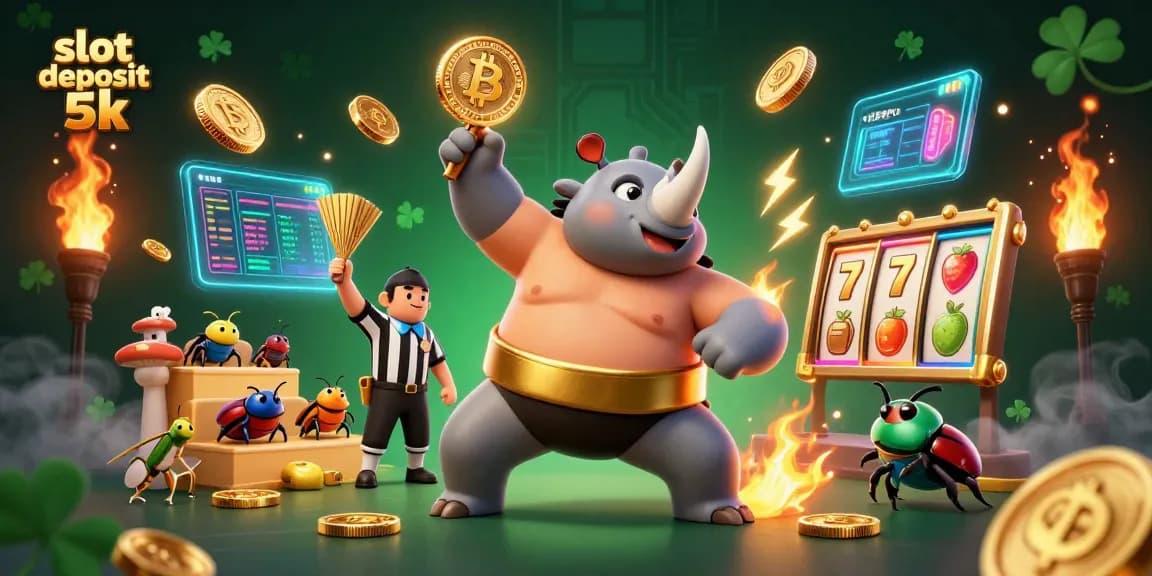 Experience thrilling slot deposit 5k gameplay with a vibrant 3D casino scene featuring a sumo beetle champion!