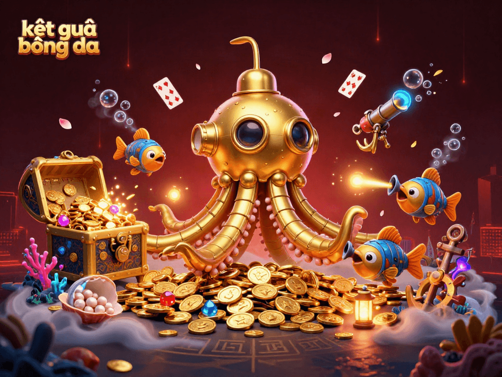 Engage with kết quả bóng đá visuals showcasing a golden kraken submarine among treasures and gambling elements.
