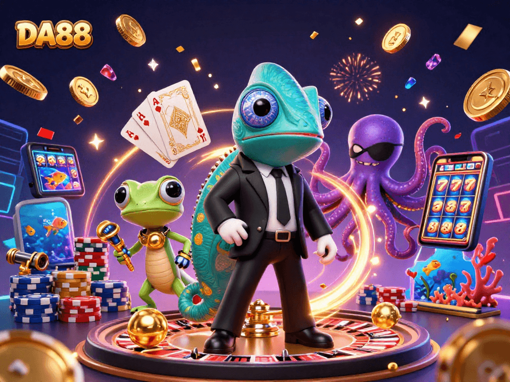 Experience thrilling gaming at DA88 with vibrant characters and dynamic casino elements.