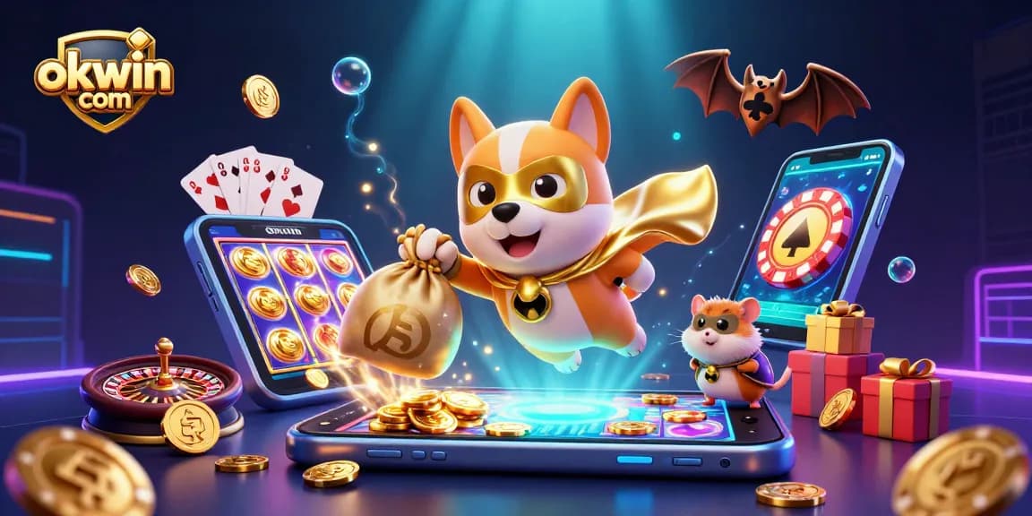 Experience the thrill of winning with okwin com in this vibrant casino-themed cartoon scene.