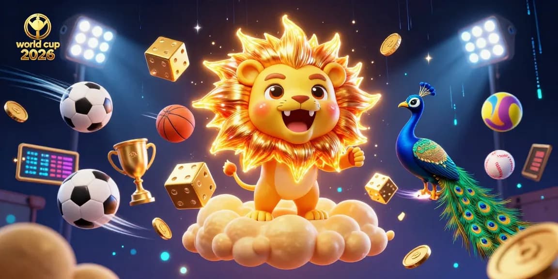 Betting on world cup 2026 with a roaring lion, vibrant sports elements, and dynamic energy.