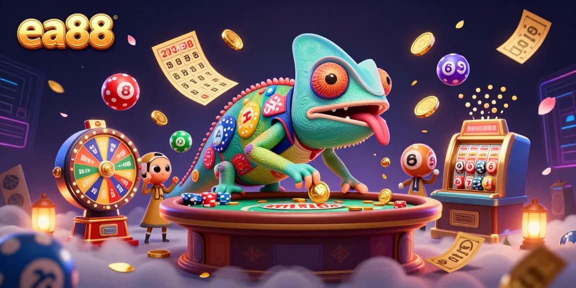 Experience the thrill of ea88 with vibrant colors and casino elements in this dynamic 3D illustration.